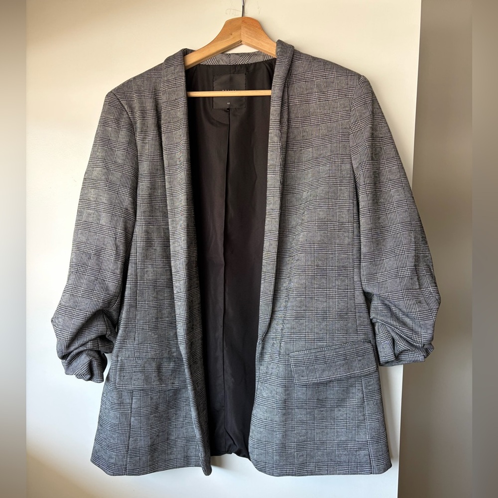Women's Classic Gray Plaid Blazer 3/4 Sleeve